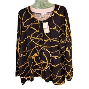 Laura Ashley Woman Button Front Cardigan with Chain Print, Blk & Gold, Sz 2X NWT